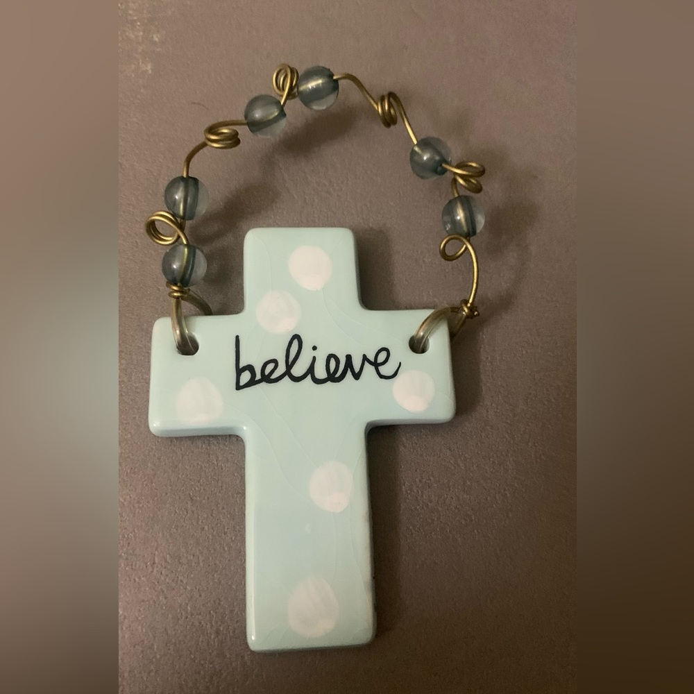 SILVESTRI HAND CRAFTED CERAMIC CROSS ORNAMENT signed-Light mint green(believe)
